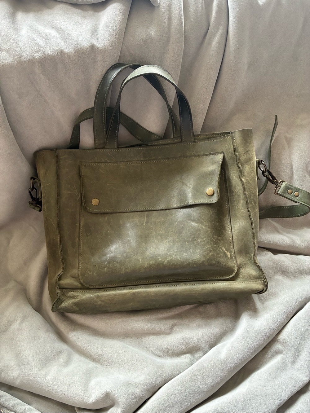 Olive Green Leather Tote with Front Pocket